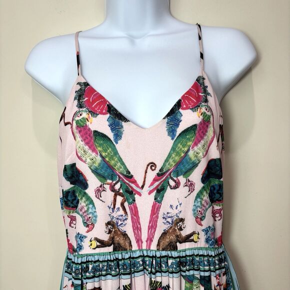H&M Pink Pleated Jungle Print Midi Dress 6 Strappy Lace Up Back Tropical Animals - Picture 2 of 12